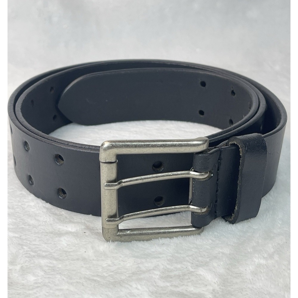 Vintage Black Genuine Leather Belt India Size 36-40 L Double Prong Silver Buckle